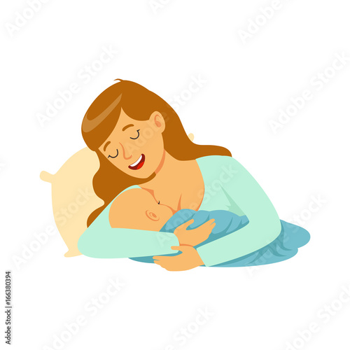 Young happy mother lying in the bed and breastfeeding her baby with breast milk, colorful vector Illustration
