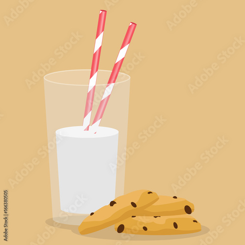Glass of milk and cookies. Breakfast. Vector illustration