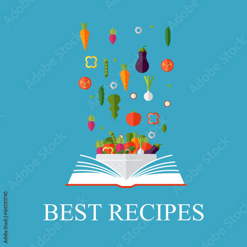 Book of recipes, cookbook, best recipes. Vegetarian, healthy eating concept. Vector concept illustration