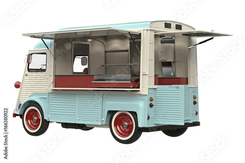 Food truck eatery on wheels retro style. 3D rendering
