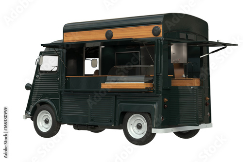 Food truck eatery on wheels retro style. 3D rendering