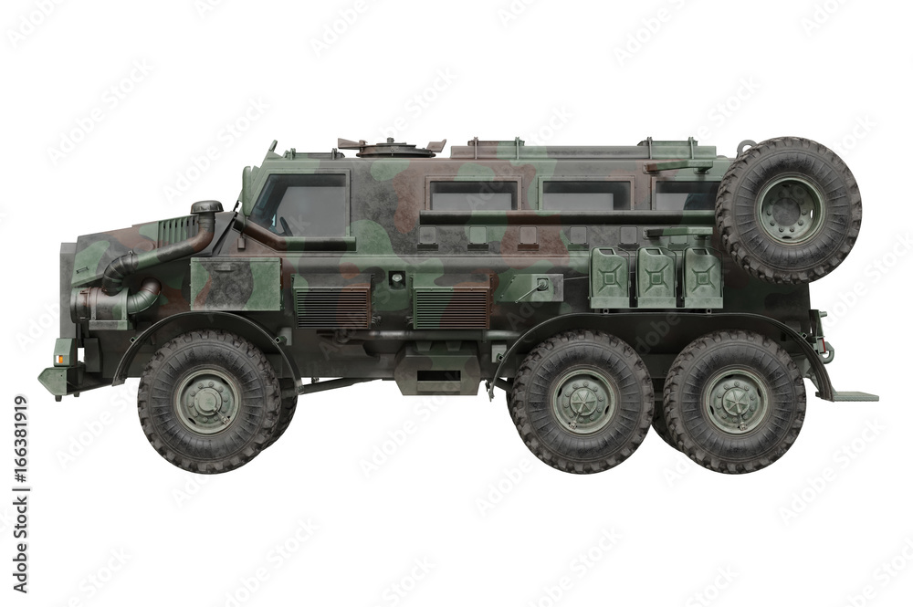 Truck military army defense armored car, side view. 3D rendering Truck military army defense armored car, side view. 3D rendering