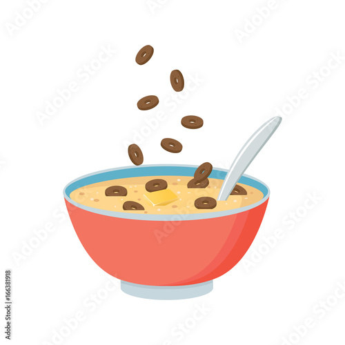 Cereal bowl with milk, smoothie isolated on white background. Concept of healthy and wholesome breakfast. Vector illustration