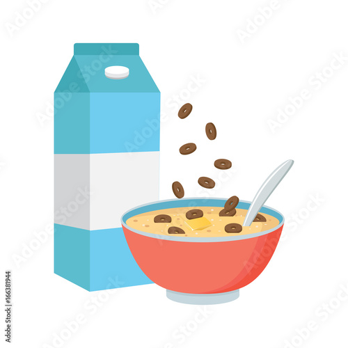 Cereal bowl with milk, smoothie isolated on white background. Concept of healthy and wholesome breakfast. Vector illustration
