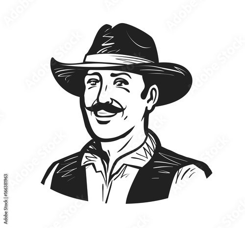 Portrait of happy cowboy or farmer. Grower, winemaker, winegrower, brewer logo or icon. Sketch vector illustration