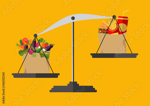 Concept of weight loss, healthy lifestyles, diet, proper nutrition. Vegetables and fast food on scales. Vector.