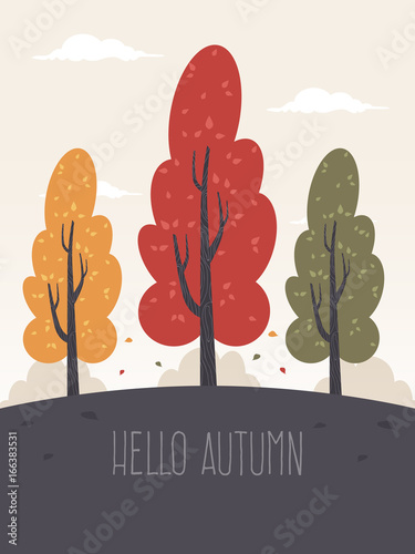 Hello Autumn Greeting Card with Trees and Text. 