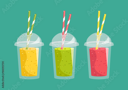 Smoothie with different flavours, take away. Healthy fresh juice fresh. Cartoon smoothie in a transparent plastic glass. Vector illustration