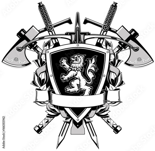 The black white coat of arms with swords, spears and anchors