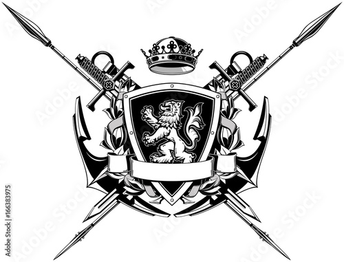 The black white coat of arms with anchors, spears, swords and lion on the shield