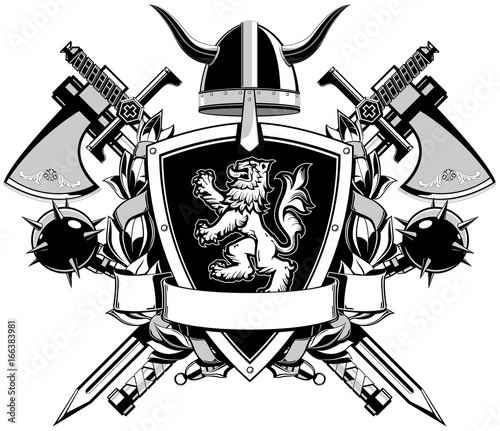 The black white coat of arms with swords, axes, mace and helmet