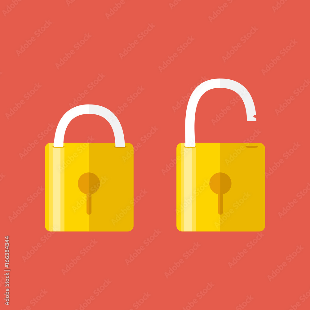 Opened and closed locks. Flat style. Concept of password, blocking, security. Lock icon, isolated on colored background. Vector Opened and closed locks. Flat style. Concept of password, blocking, security. Lock icon, isolated on colored background. Vector