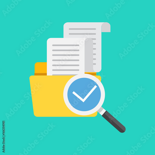 File folder directory and magnifying glass, tick checkmark icon. Search concept. Data and information. Flat design, vector illustration