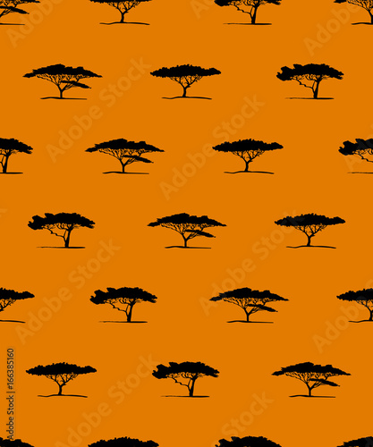 Vector seamless pattern of acacia tree silhouette. African tree acacia background