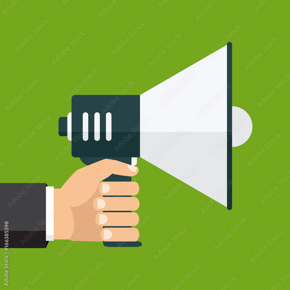 Vector, eps10, illustration. Hand holding a megaphone, flat design, promotion, social media marketing concept. Isolated on a background.