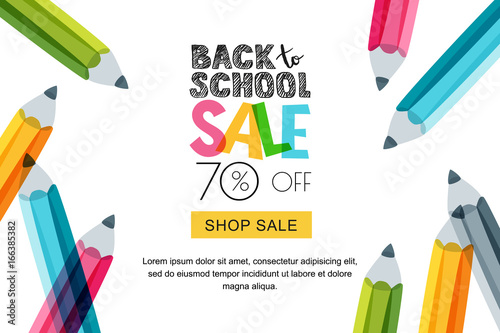 Vector horizontal back to school sale banner, poster background. Hand drawn sketch letters and doodle multicolor pencils isolated on white. Layout for discount labels, flyers and shopping.
