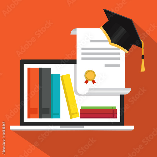 Webinar and video seminar. Flat design illustration isolated on white background. Distance education, graduation and online learning concept.