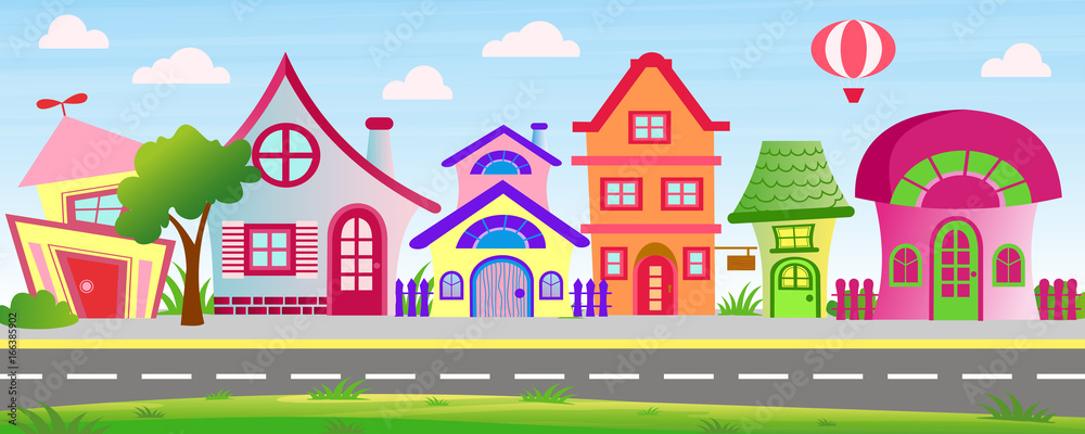 Vector illustration of cartoon houses in bright colors on sky background with clouds and balloon. Colorful lovely and funny buildings on street with trees and bushes in cartoon flat style.
