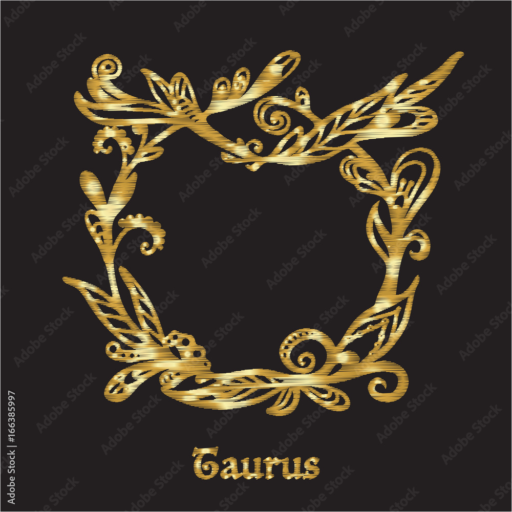 Embroidery with zodiac sign. In gold on black background.  Stock line vector illustration.