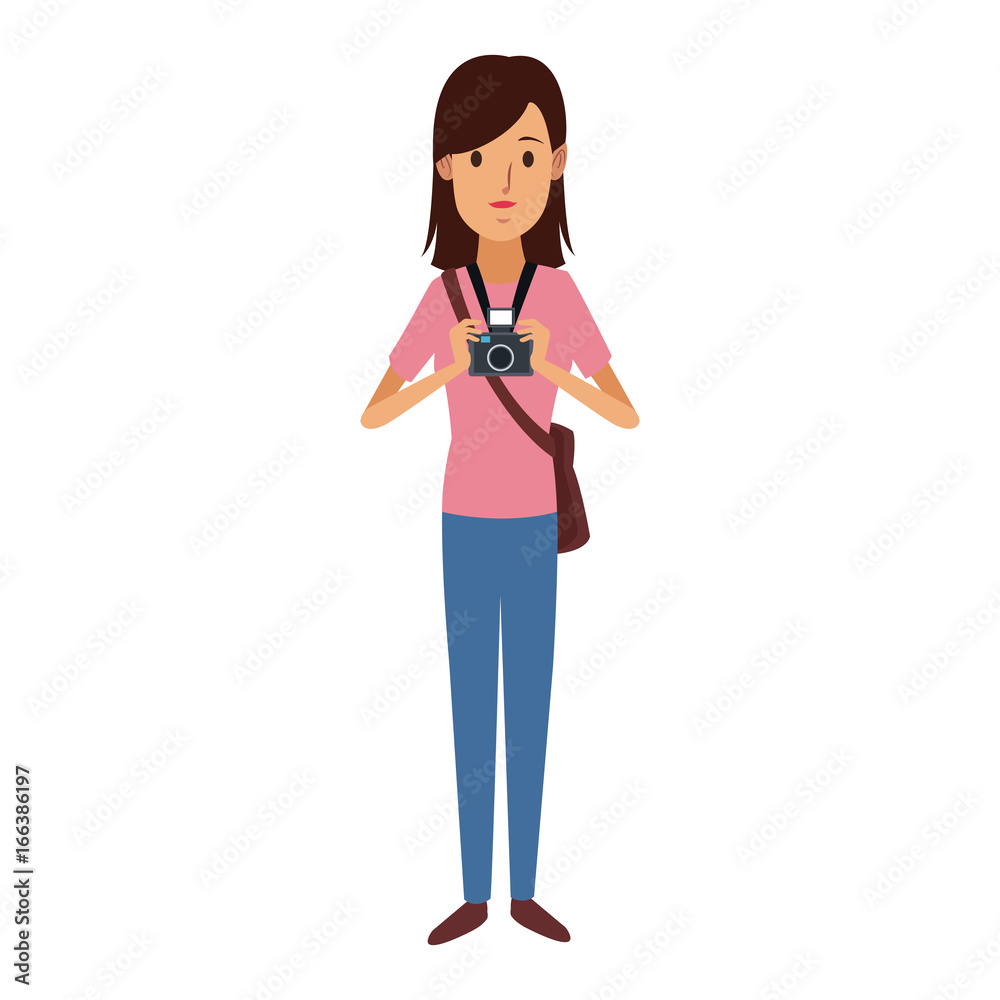 happy girl holding a camera photographic and handbag happy girl holding a camera photographic and handbag