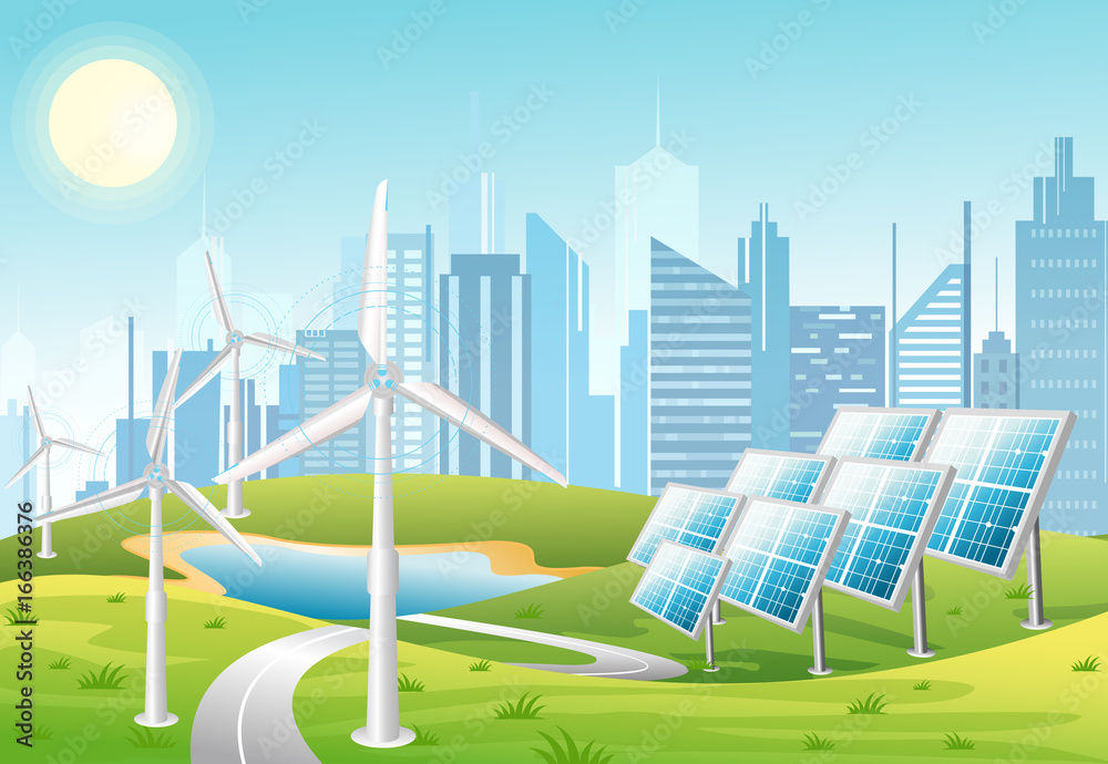 Vector illustration of solar panels and wind turbines in front of the city background with green hills. Eco green city theme. Ecological energy concept in flat cartoon style.