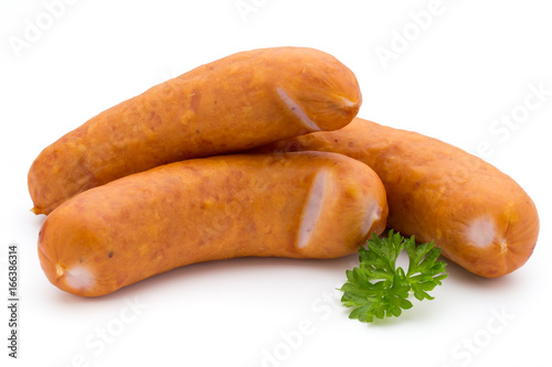 Sausage and spices isolated on white background, fresh delicious frankfurter.