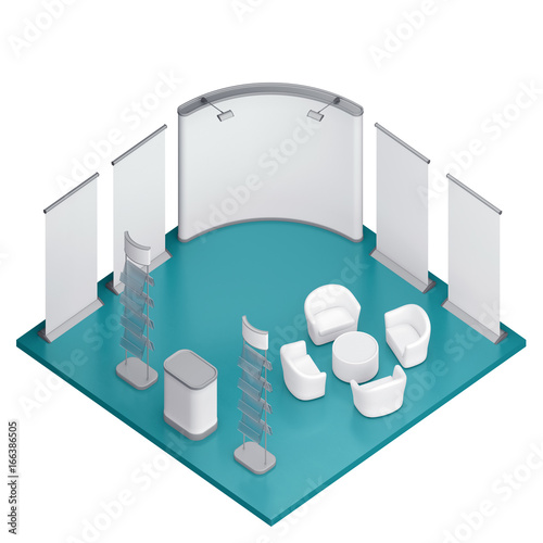 Isometric exhibition booth stand. 3D illustration