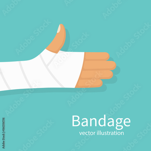 Bandage on hand human. Broken, cut, damaged arm. Gypsum plaster bandaged hand. Medical vector illustration flat design. Isolated on background. Injured part of body. Medicine and healthcare.