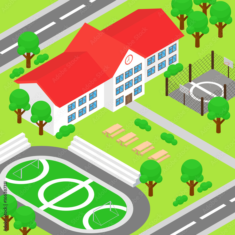 Vector illustration of isometric school and big green yard, playground, football ground, basketball ground, trees, tables and benches in colorful flat cartoon style.