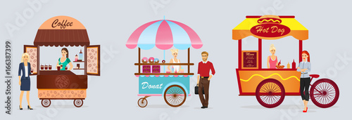 Creative detailed vector street coffee cart, donat and hotdog shop with sellers. Young people buy street food or junk food in food festival event. Illustration in flat cartoon style.