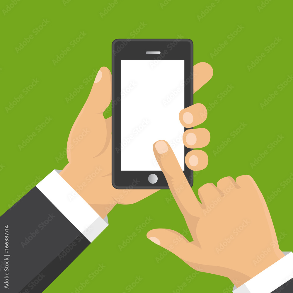 Hand holding smart phone. Business concept, flat design, vector Hand holding smart phone. Business concept, flat design, vector