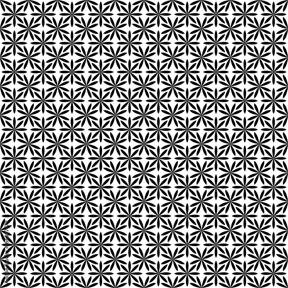 Repeating abstract monochrome stylized flower pattern - geometric floral vector background from curved shapes