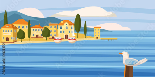 Beautiful seascape, southern city by the sea, houses,cartoon, boats, vector, illustration
