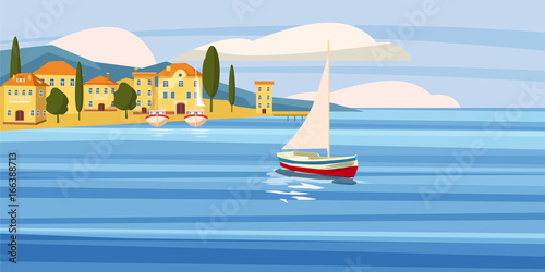 Beautiful seascape, southern city by the sea, houses,cartoon, boats, vector, illustration