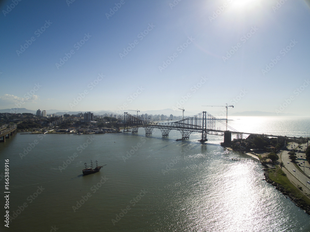 FLORIANOPOLIS, BRAZIL - July 17: Hercilio Luz bridge currently under restoration, in Florianopolis. The deactivated bridge connects the continental coast in Brazil to the island.