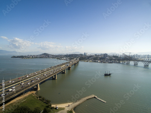 Aerial view Pedro Ivo Campos Bridge in Florianopolis. Santa Catarina. July, 2017. © paulovilela