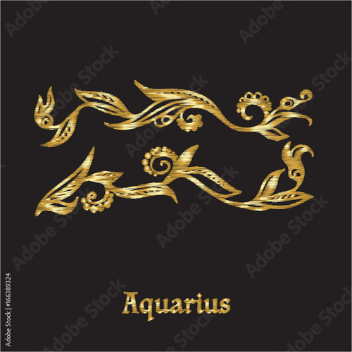 Embroidery with zodiac sign. In gold on black background.  Stock line vector illustration.