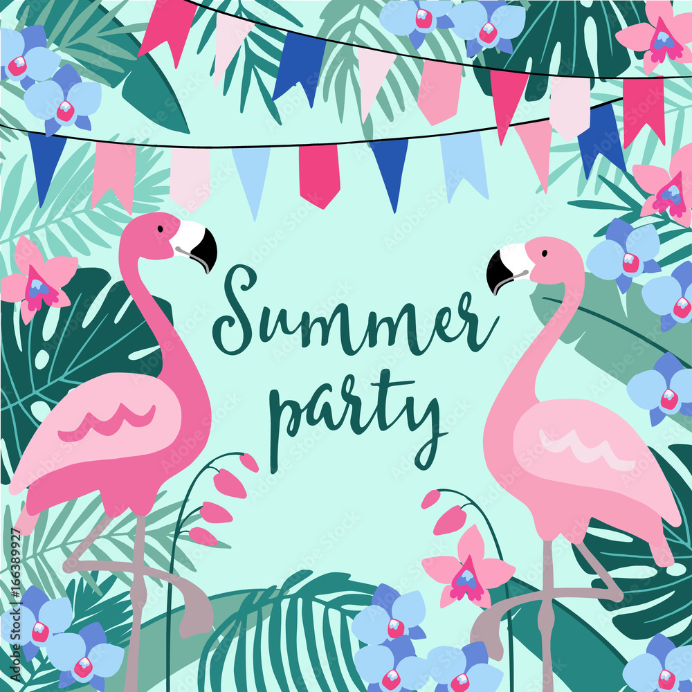 Naklejka premium Summer birthday party greeting card, invitation with hand drawn palm leaves, orchid flowers, flamingo birds and party flags. Tropical jungle design. Vector illustration background.
