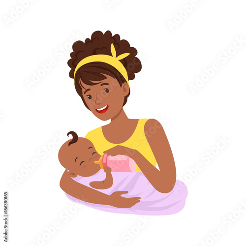 Young black mother breastfeeding her baby with breast milk, colorful vector Illustration