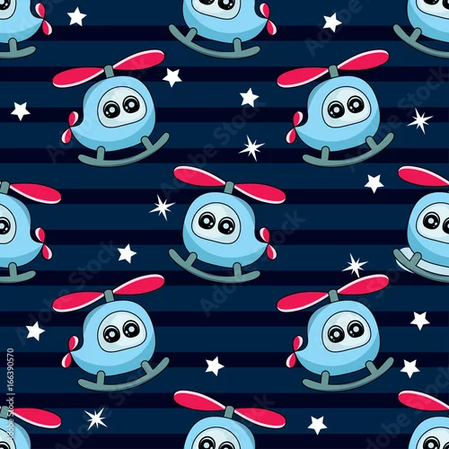 Tapety Śliczne dziecięce wzory dla dziewczynek i chłopców. Kolorowy helikopter na abstrakcyjnym jasnym tle tworzy zabawny rysunek kreskówki. Tło jest w kolorach. Tło miejskie dla tkanin i tkanin