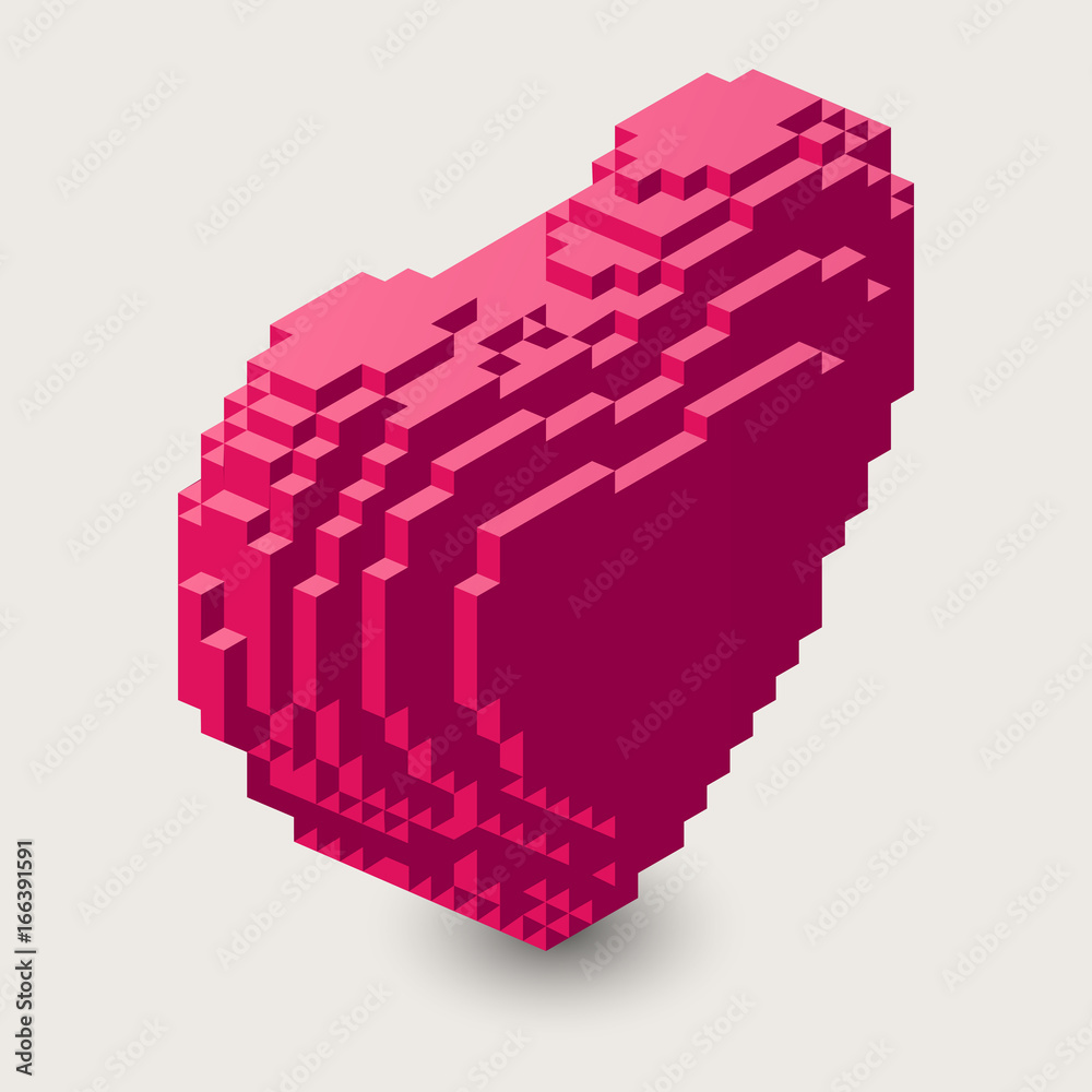 Vector isometric heart illustration. 3d pixel icon.Voxel heart shape in threedimentional pixel style.