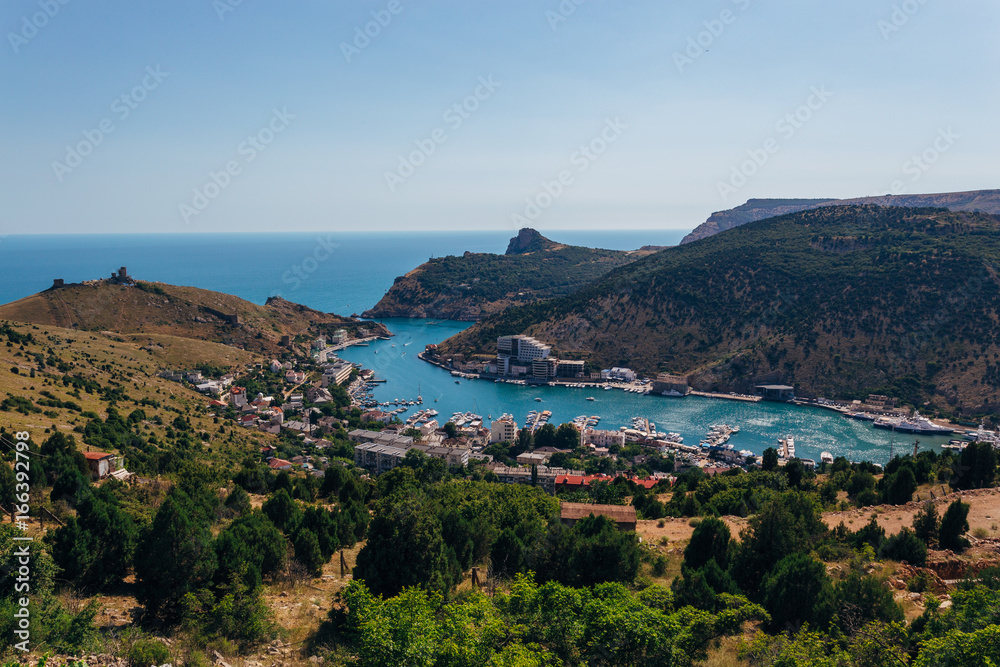 Beautiful view of the Black Sea and Balaklava Bay. Panorama view to city, ships and port