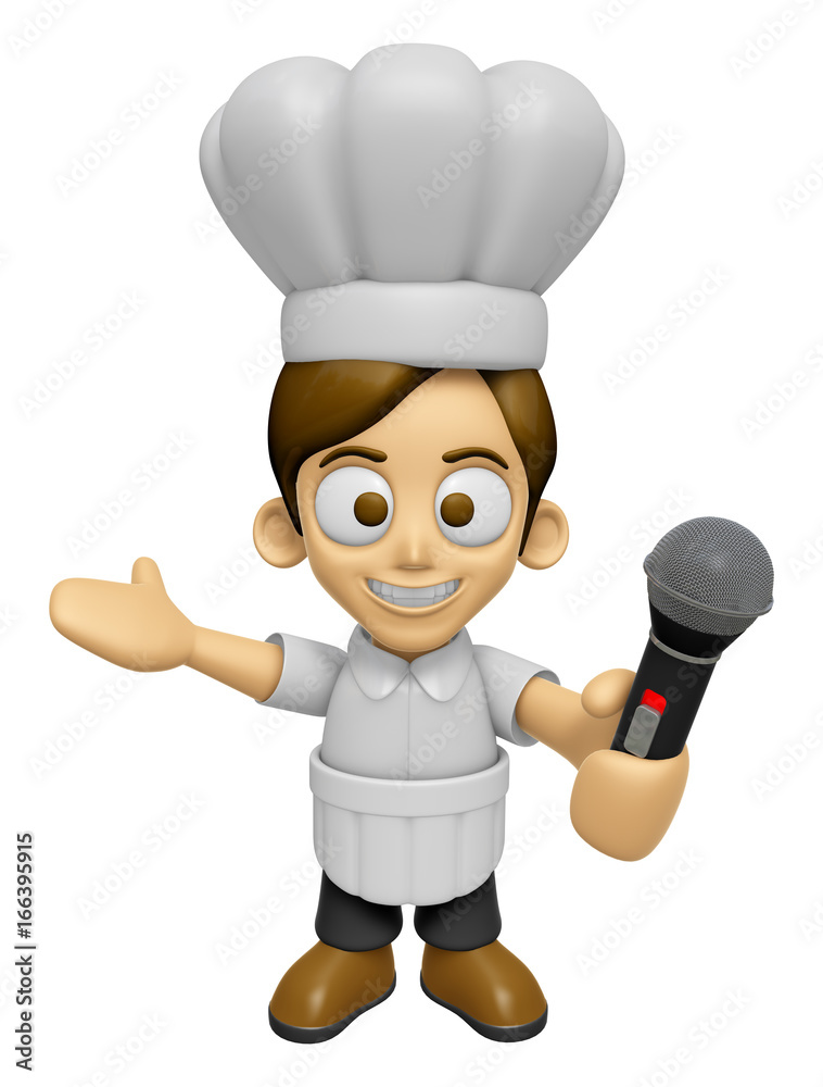 3D Chef Man Mascot is holding a microphone. Work and Job Character Design Series 2. 3D Chef Man Mascot is holding a microphone. Work and Job Character Design Series 2.