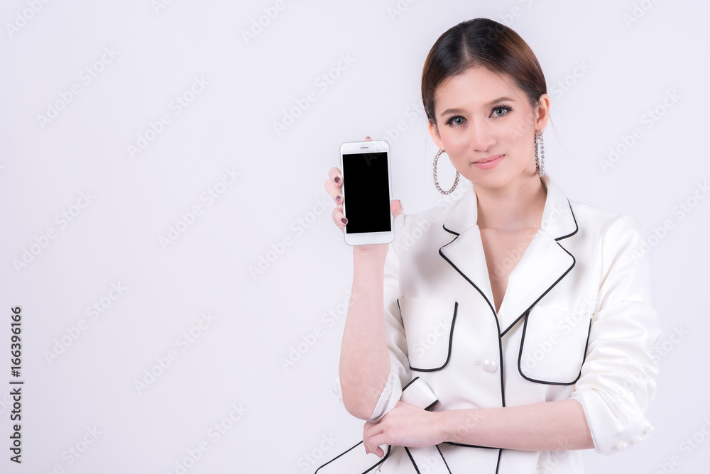 Portrait of happy beautiful confident Asian woman holding blank screen smartphone mobile. Portrait of happy beautiful confident Asian woman holding blank screen smartphone mobile.