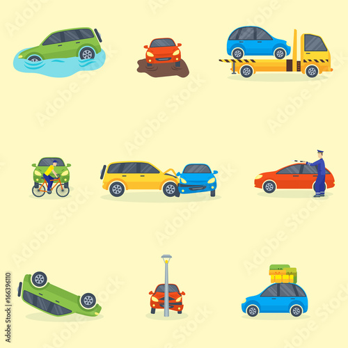 Car crash collision traffic insurance safety automobile emergency disaster and emergency repair transport vector illustration.