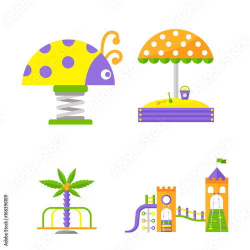 Children playground fun childhood play park activity place recreation swing equipment toy kindergarten amusement vector illustration