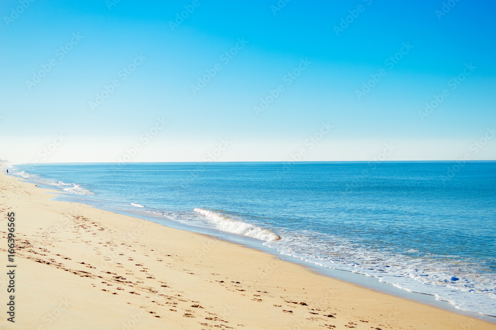 View of beautiful beach on sunny day idyllic natural outdoors background. Joy and peace seascape sunshine environment