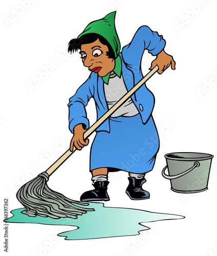 Tired woman using an old fashioned mop and bucket to clean
