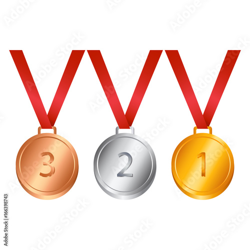  Set of bronze, silver, gold medals. The first, second, third place. Vector illustration.