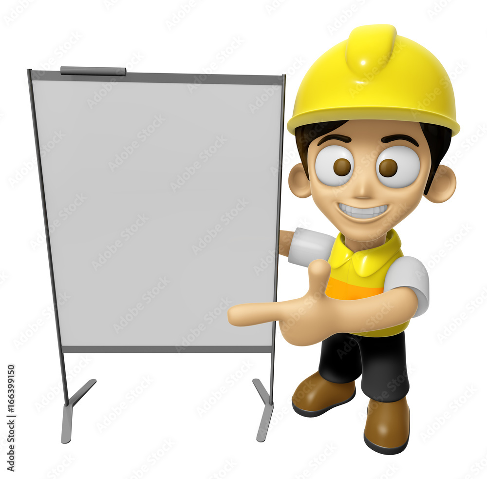 3D Construction Worker Man Mascot is concise explanation of a whiteboard. Work and Job Character Design Series 2.
